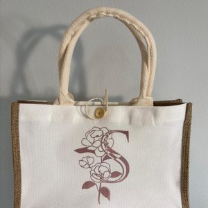 Personalized Floral Initial Jute Tote Bag